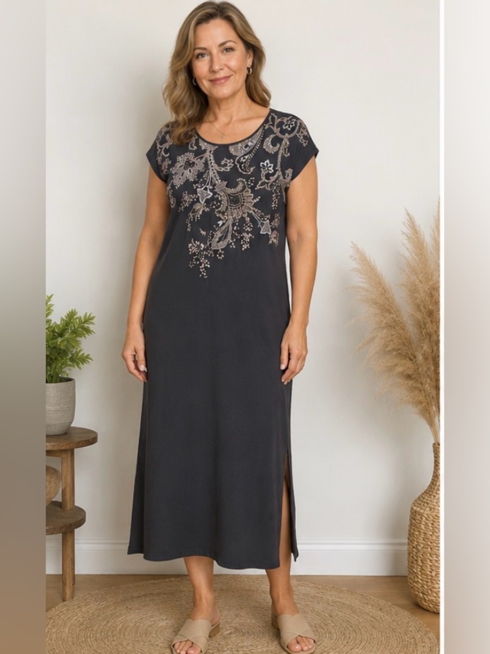 J.Jill Sz L Black Embroidered Paisley Midi Dress Black Cotton/Modal Boho Slits
